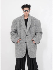 Men's Gray Oversized Textured Wool Blend Blazer