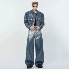 Men's 2 Piece Foil Denim Trucker Jacket & Jeans Set