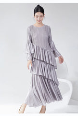 Couture Plissé Pleated Ruffle Sleeve Midi Dress