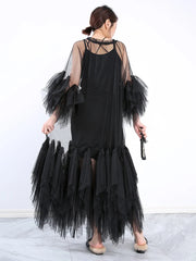 Couture Black Ruffled Sheer Tulle Maxi Dress