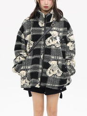 Cozy Lambswool Coat with Bear Pattern Collar
