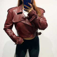 Luxury Women's Genuine Leather Belted Moto Jacket