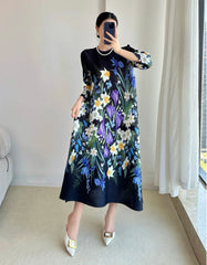 Luxury Floral Midi Dress - Truly Pleated 3/4 Sleeves