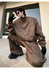 Men's 2 Piece Set Brown Streetwear Jacket & Pants