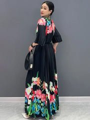 Women's Black Luxe Floral Pleated Midi Dress