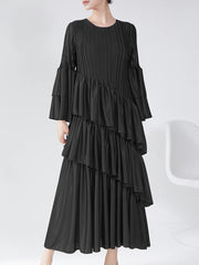 Couture Plissé Pleated Ruffle Sleeve Midi Dress