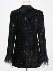 Women's Luxe Black Sequin Feather Sleeve Blazer