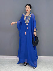 Blue Everyday Chiffon Loose Batwing Sleeve Maxi Dress