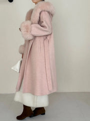 Luxury Wool-Blend Faux Fur Hooded Coat