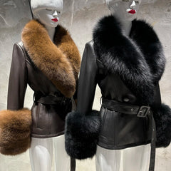 Women's Luxe Leather Winter Jacket with Fox Fur Collar