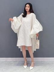 Floral Luxe White Oversized Puff Sleeve Asymmetric Dress