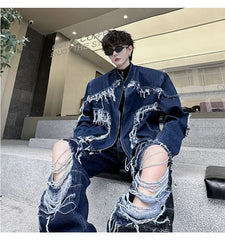 Men's Casual Streetwear Dark Denim 2-Piece Set