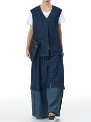 Cotton Denim Wide-Leg Pants with Elastic Waistband