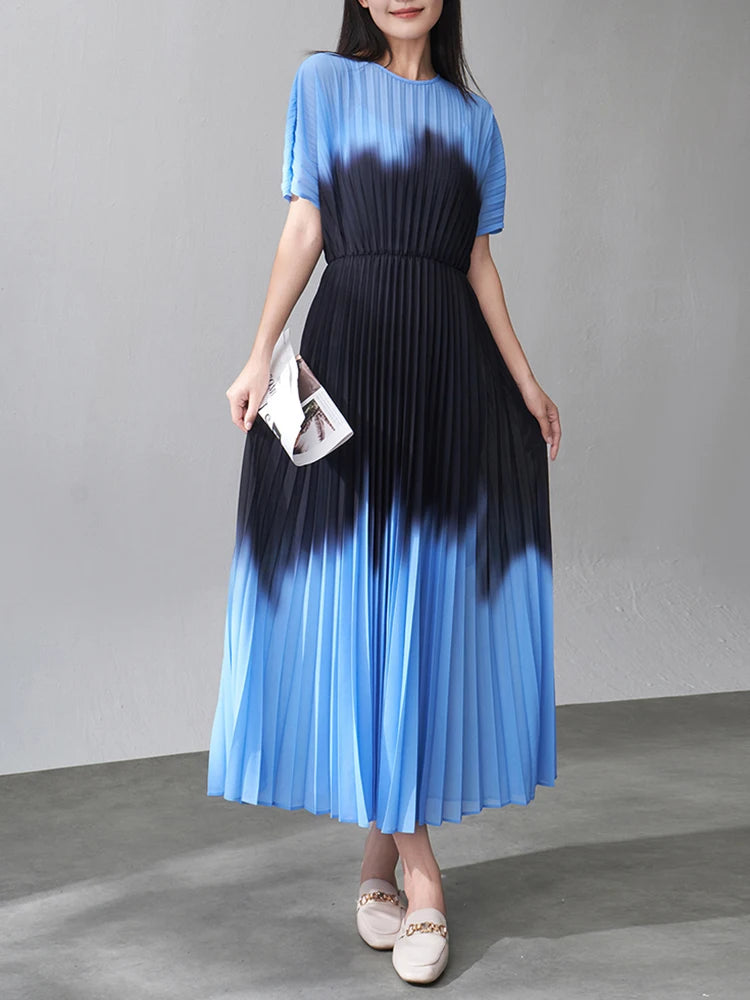 Luxury Cruise Resort Formal Gradient Dress - Japanese Pleats Plissé Midi Dress