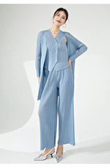 Women's Luxe 3-Piece Pleated Vest, Long Coat, Pants Set