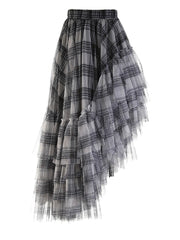 Plaid Asymmetric Tulle Pull-On Skirt