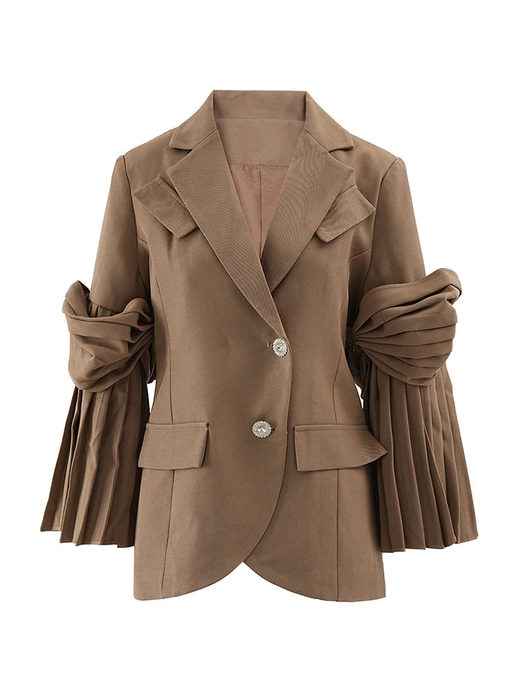 Women's Brown Blazer with Pleated Knotted Sleeves