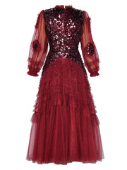 Red Ruffled Tulle Midi Dress - Sequin Embellished