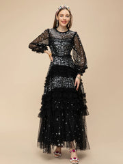 Glamorous Black Sequin Tulle Long Dress