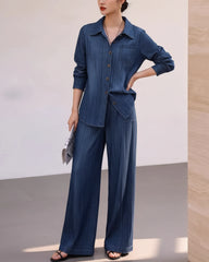 Luxury Plissé Denim Print Pants Set