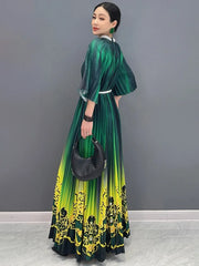 Women's Floral Green & Yellow Ombre Pleated Midi Dress