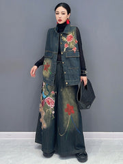 Floral Embroidered Denim Wide-Leg Pants and Matching Vest Set
