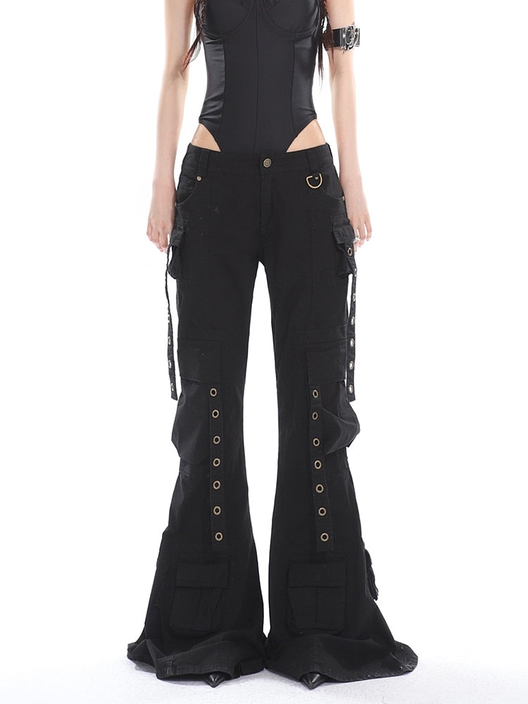 Edgy Luxe Flare Wide Leg Cargo Pants