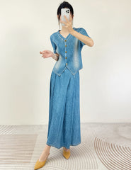 Luxury Denim Plissé Skirt Set