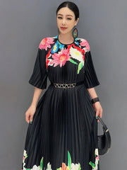 Women's Black Luxe Floral Pleated Midi Dress