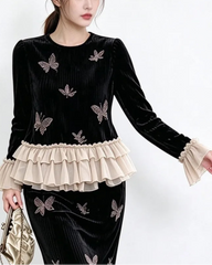  Luxury Velvet Pleated Skirt Set