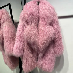 Luxurious Pink Mongolian Curly Shearling Coat