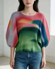 Plisse Watercolor Lantern Sleeve Top