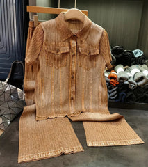 Denim Pleated Blouse & Wide Leg Pants
