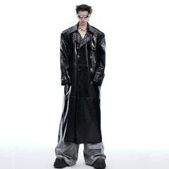 Men's Extra Long Patent Faux Leather Trench Coat