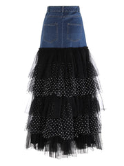 Luxe Denim and Tulle Ruffled Long Skirt