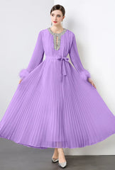 Luxe Pleated Crystal & Feather Dress