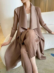 Elegant Drape Pleat Long Cardigan