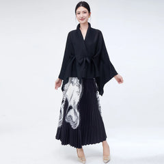 Luxe Black Wrap Top & Pleated Skirt Set