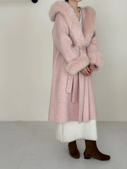Luxury Wool-Blend Faux Fur Hooded Coat