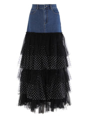 Luxe Denim and Tulle Ruffled Long Skirt