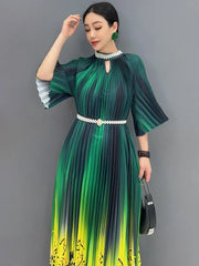 Women's Floral Green & Yellow Ombre Pleated Midi Dress