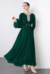 Luxe Pleated Crystal & Feather Dress
