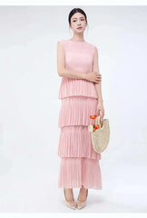 Unique Tiered Pleated Sleeveless Dress