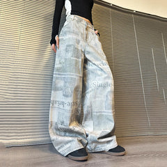 Women's Acid Washed Baggy Newspaper Print Jeans