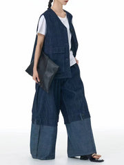 Cotton Denim Wide-Leg Pants with Elastic Waistband