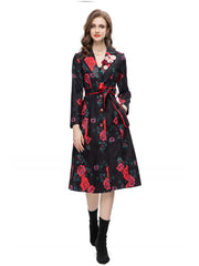 Women's Slim Fit Black Floral Rose Trench Coat