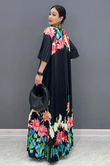 Women's Black Luxe Floral Pleated Midi Dress