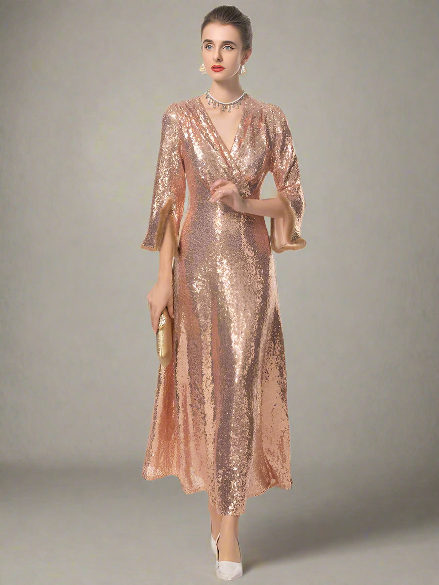 Luxe Sparkly Rose Gold Long Dress with Sleeves