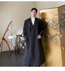 Men's Black Kimono Wrap Wool Long Coat