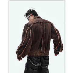 Men's Brown Denim Jacket with Padded Shoulders